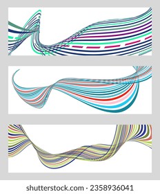 Wavy lines or ribbons. Set of 3 backgrounds. Multicolored striped gradient. Creative unusual background with abstract gradient wave lines to create a trendy banner, poster. vector eps