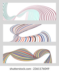 Wavy lines or ribbons. Set of 3 backgrounds. Multicolored striped gradient. Creative unusual background with abstract gradient wave lines to create a trendy banner, poster. vector eps