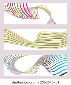 Líneas onduladas o cintas. Conjunto de 3 fondos. Gradiente de rayas multicolor. Fondo creativo inusual con líneas de onda de gradiente abstracto para crear un cartel de moda, afiche. vectores