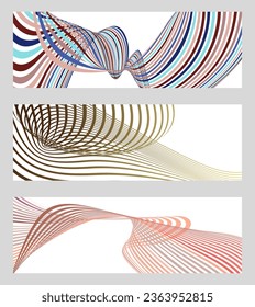 Wavy lines or ribbons. Set of 3 backgrounds. Multicolored striped gradient. Creative unusual background with abstract gradient wave lines to create a trendy banner, poster. vector eps