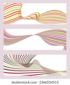 Líneas onduladas o cintas. Conjunto de 3 fondos. Gradiente de rayas multicolor. Fondo creativo inusual con líneas de onda de gradiente abstracto para crear un cartel de moda, afiche. vectores