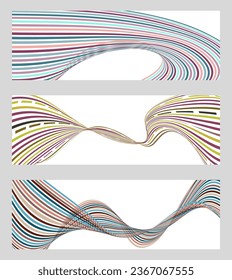 Wavy lines or ribbons. Set of 3 backgrounds. Multicolored striped gradient. Creative unusual background with abstract gradient wave lines to create a trendy banner, poster. vector eps