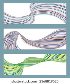 Líneas onduladas o cintas. Conjunto de 3 fondos. Gradiente de rayas multicolor. Fondo creativo inusual con líneas de onda de gradiente abstracto para crear un cartel de moda, afiche. vectores