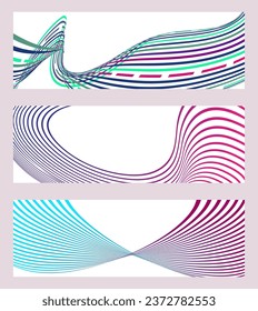 Líneas onduladas o cintas. Conjunto de 3 fondos. Gradiente de rayas multicolor. Fondo creativo inusual con líneas de onda de gradiente abstracto para crear un cartel de moda, afiche. vectores