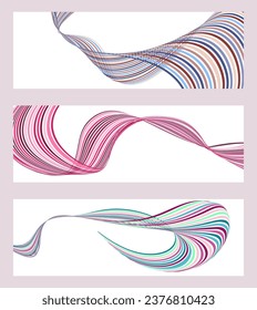 Wavy lines or ribbons. Set of 3 backgrounds. Multicolored striped gradient. Creative unusual background with abstract gradient wave lines to create a trendy banner, poster. vector eps