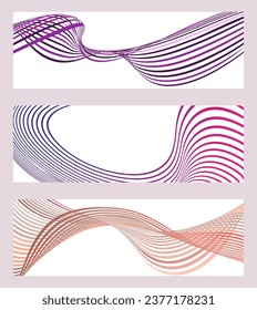 Líneas onduladas o cintas. Conjunto de 3 fondos. Gradiente de rayas multicolor. Fondo creativo inusual con líneas de onda de gradiente abstracto para crear un cartel de moda, afiche. vectores