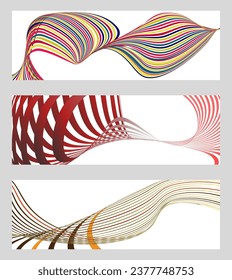 Líneas onduladas o cintas. Conjunto de 3 fondos. Gradiente de rayas multicolor. Fondo creativo inusual con líneas onduladas abstractas. Pancarta de moda, afiche. vector de pasos