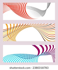 Wavy lines or ribbons. Set of 3 backgrounds. Multicolored striped gradient. Creative unusual background with abstract gradient wave lines to create a trendy banner, poster. vector eps