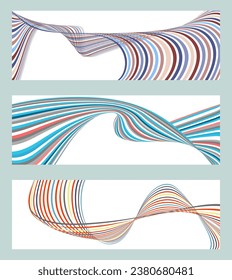 Wavy lines or ribbons. Set of 3 backgrounds. Multicolored striped gradient. Creative unusual background with abstract gradient wave lines to create a trendy banner, poster. vector eps