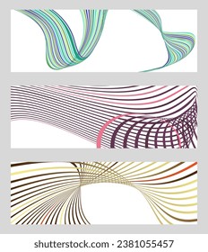 Wavy lines or ribbons. Set of 3 backgrounds. Multicolored striped gradient. Creative unusual background with abstract gradient wave lines to create a trendy banner, poster. vector eps