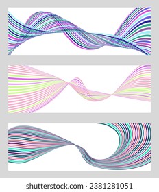 Líneas onduladas o cintas. Conjunto de 3 fondos. Gradiente de rayas multicolor. Fondo creativo inusual con líneas de onda de gradiente abstracto para crear un cartel de moda, afiche. vectores