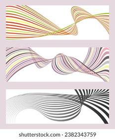 Wavy lines or ribbons. Set of 3 backgrounds. Multicolored striped gradient. Creative unusual background with abstract gradient wave lines to create a trendy banner, poster. vector eps