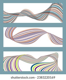 Wavy lines or ribbons. Set of 3 backgrounds. Multicolored striped gradient. Creative unusual background with abstract gradient wave lines to create a trendy banner, poster. vector eps