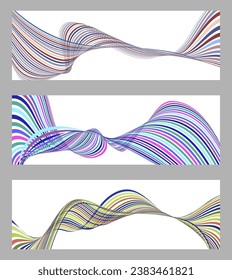 Wavy lines or ribbons. Set of 3 backgrounds. Multicolored striped gradient. Creative unusual background with abstract gradient wave lines to create a trendy banner, poster. vector eps