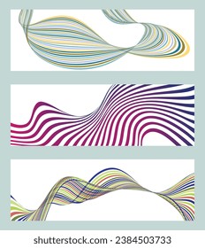 Wavy lines or ribbons. Set of 3 backgrounds. Multicolored striped gradient. Creative unusual background with abstract gradient wave lines to create a trendy banner, poster. vector eps