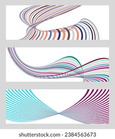 Wavy lines or ribbons. Set of 3 backgrounds. Multicolored striped gradient. Creative unusual background with abstract gradient wave lines to create a trendy banner, poster. vector eps