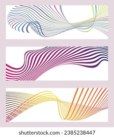 Wavy lines or ribbons. Set of 3 backgrounds. Multicolored striped gradient. Creative unusual background with abstract gradient wave lines to create a trendy banner, poster. vector eps