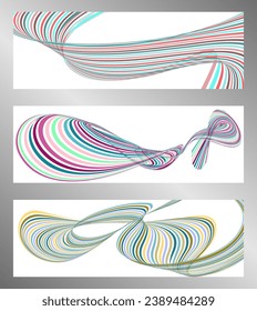 Wavy lines or ribbons. Set of 3 backgrounds. Multicolored striped gradient. Creative unusual background with abstract gradient wave lines to create a trendy banner, poster. vector eps