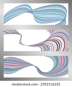Wavy lines or ribbons. Set of 3 backgrounds. Multicolored striped gradient. Creative unusual background with abstract gradient wave lines to create a trendy banner, poster. vector eps