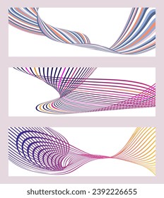 Wavy lines or ribbons. Set of 3 backgrounds. Multicolored striped gradient. Creative unusual background with abstract gradient wave lines to create a trendy banner, poster. vector eps