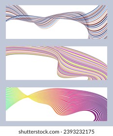 Wavy lines or ribbons. Set of 3 backgrounds. Multicolored striped gradient. Creative unusual background with abstract gradient wave lines to create a trendy banner, poster. vector eps