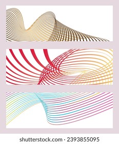 Wavy lines or ribbons. Set of 3 backgrounds. Multicolored striped gradient. Creative unusual background with abstract gradient wave lines to create a trendy banner, poster. vector eps