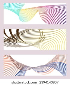 Líneas onduladas o cintas. Conjunto de 3 fondos. Gradiente de rayas multicolor. Fondo creativo inusual con líneas de onda de gradiente abstracto para crear un cartel de moda, afiche. vectores