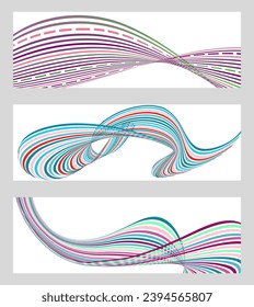 Wavy lines or ribbons. Set of 3 backgrounds. Multicolored striped gradient. Creative unusual background with abstract gradient wave lines to create a trendy banner, poster. vector eps