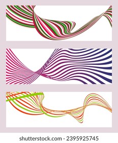 Wavy lines or ribbons. Set of 3 backgrounds. Multicolored striped gradient. Creative unusual background with abstract gradient wave lines to create a trendy banner, poster. vector eps