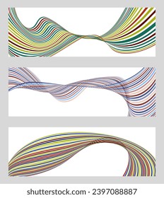 Líneas onduladas o cintas. Conjunto de 3 fondos. Gradiente de rayas multicolor. Fondo creativo inusual con líneas de onda de gradiente abstracto para crear un cartel de moda, afiche. vectores