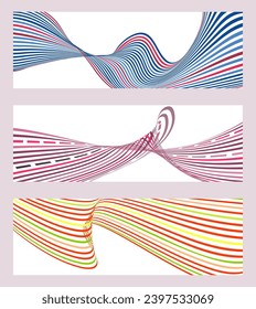 Wavy lines or ribbons. Set of 3 backgrounds. Multicolored striped gradient. Creative unusual background with abstract gradient wave lines to create a trendy banner, poster. vector eps