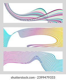 Wavy lines or ribbons. Set of 3 backgrounds. Multicolored striped gradient. Creative unusual background with abstract gradient wave lines to create a trendy banner, poster. vector eps