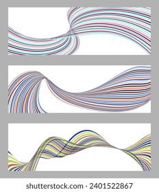 Wavy lines or ribbons. Set of 3 backgrounds. Multicolored striped gradient. Creative unusual background with abstract gradient wave lines to create a trendy banner, poster. vector eps