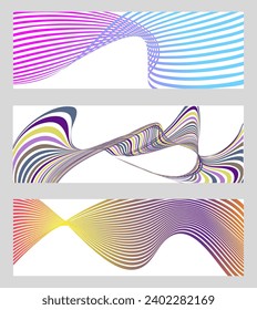 Wavy lines or ribbons. Set of 3 backgrounds. Multicolored striped gradient. Creative unusual background with abstract gradient wave lines to create a trendy banner, poster. vector eps