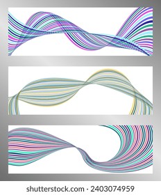 Wavy lines or ribbons. Set of 3 backgrounds. Multicolored striped gradient. Creative unusual background with abstract gradient wave lines to create a trendy banner, poster. vector eps