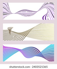 Líneas onduladas o cintas. Conjunto de 3 fondos. Gradiente de rayas multicolor. Fondo creativo inusual con líneas de onda de gradiente abstracto para crear un cartel de moda, afiche. vectores