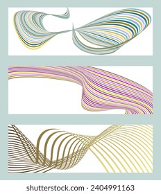Wavy lines or ribbons. Set of 3 backgrounds. Multicolored striped gradient. Creative unusual background with abstract wavy lines. Fashionable banner, poster. eps vector