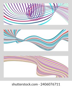 Líneas onduladas o cintas. Conjunto de 3 fondos. Gradiente de rayas multicolor. Fondo creativo inusual con líneas de onda de gradiente abstracto para crear un cartel de moda, afiche. vectores