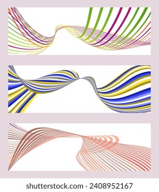 Líneas onduladas o cintas. Conjunto de 3 fondos. Gradiente de rayas multicolor. Fondo creativo inusual con líneas de onda de gradiente abstracto para crear un cartel de moda, afiche. vectores