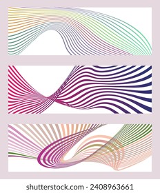 Wavy lines or ribbons. Set of 3 backgrounds. Multicolored striped gradient. Creative unusual background with abstract gradient wave lines to create a trendy banner, poster. vector eps