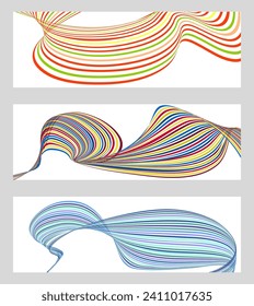 Wavy lines or ribbons. Set of 3 backgrounds. Multicolored striped gradient. Creative unusual background with abstract gradient wave lines to create a trendy banner, poster. vector eps