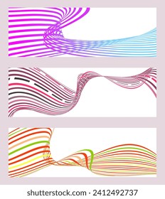 Líneas onduladas o cintas. Conjunto de 3 fondos. Gradiente de rayas multicolor. Fondo creativo inusual con líneas de onda de gradiente abstracto para crear un cartel de moda, afiche. vectores
