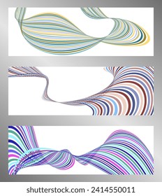 Wavy lines or ribbons. Set of 3 backgrounds. Multicolored striped gradient. Creative unusual background with abstract gradient wave lines to create a trendy banner, poster. vector eps