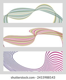 Wavy lines or ribbons. Set of 3 backgrounds. Multicolored striped gradient. Creative unusual background with abstract gradient wave lines to create a trendy banner, poster. vector eps