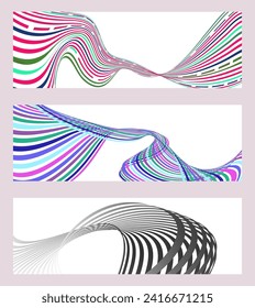 Wavy lines or ribbons. Set of 3 backgrounds. Multicolored striped gradient. Creative unusual background with abstract gradient wave lines to create a trendy banner, poster. vector eps