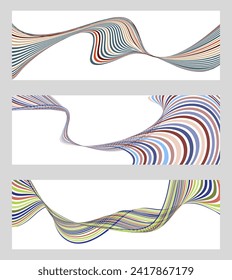 Wavy lines or ribbons. Set of 3 backgrounds. Multicolored striped gradient. Creative unusual background with abstract gradient wave lines to create a trendy banner, poster. vector eps