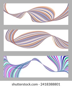 Wavy lines or ribbons. Set of 3 backgrounds. Multicolored striped gradient. Creative unusual background with abstract gradient wave lines to create a trendy banner, poster. vector eps