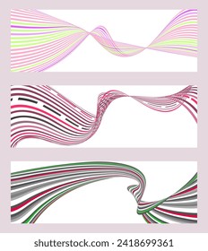 Wavy lines or ribbons. Set of 3 backgrounds. Multicolored striped gradient. Creative unusual background with abstract gradient wave lines to create a trendy banner, poster. vector eps