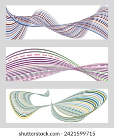 Wavy lines or ribbons. Set of 3 backgrounds. Multicolored striped gradient. Creative unusual background with abstract gradient wave lines to create a trendy banner, poster. vector eps