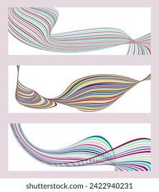 Wavy lines or ribbons. Set of 3 backgrounds. Multicolored striped gradient. Creative unusual background with abstract gradient wave lines to create a trendy banner, poster. vector eps